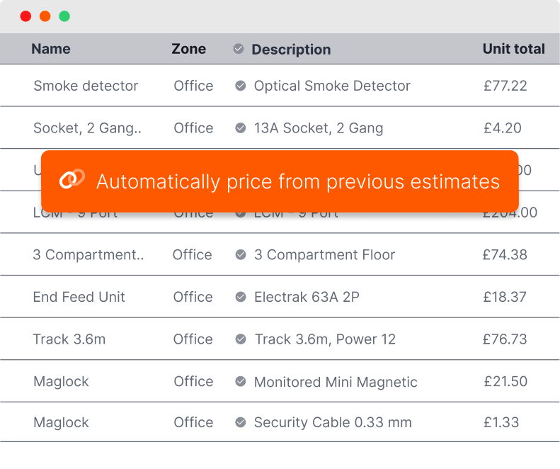 Estimate table with auto-priced items