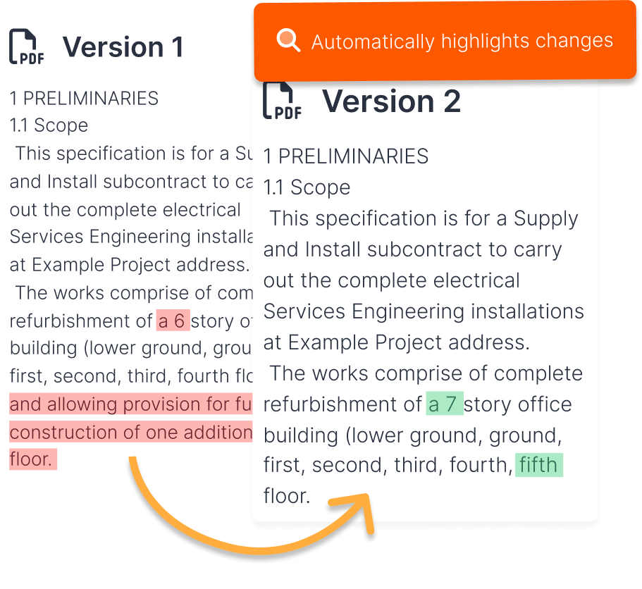 Side-by-side PDF specification comparison with colour-coded changes