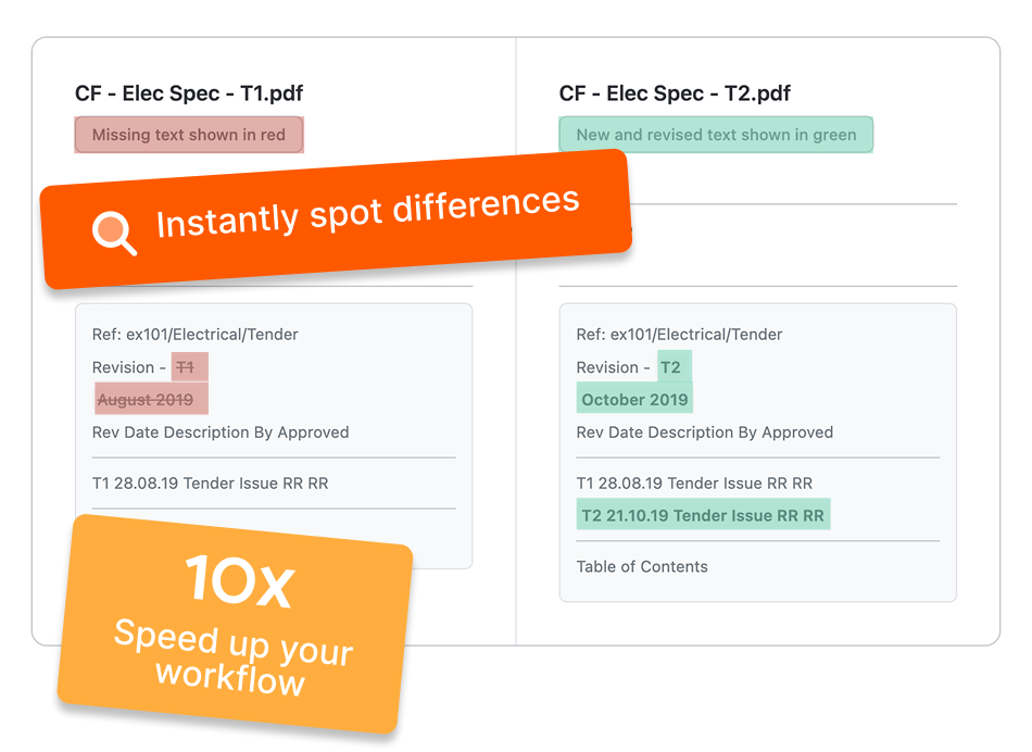 Side-by-side PDF specification comparison with highlighted changes